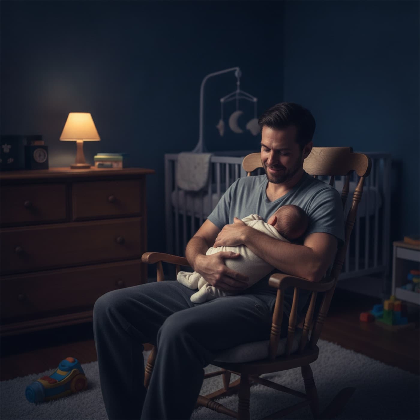 A father rocking his baby in a dim nursery at night