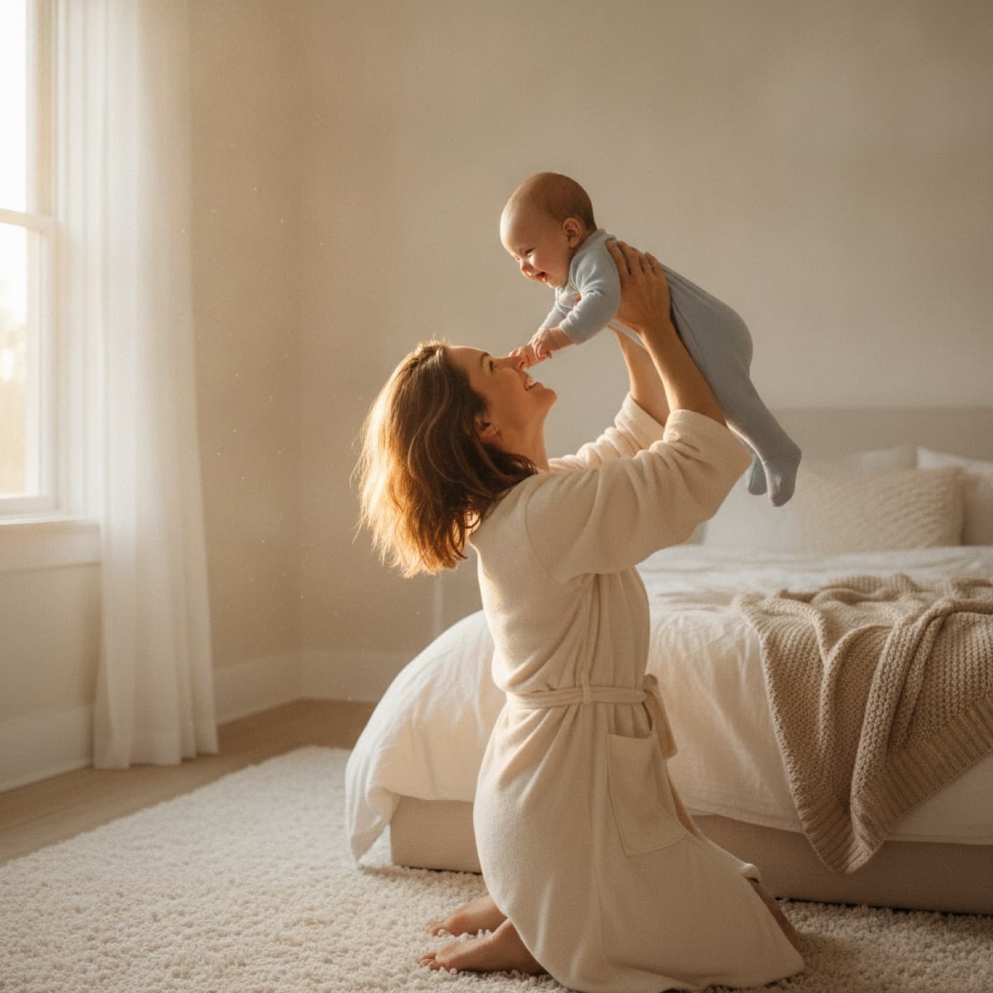 A rested, happy mother lifting her smiling baby in bright morning light